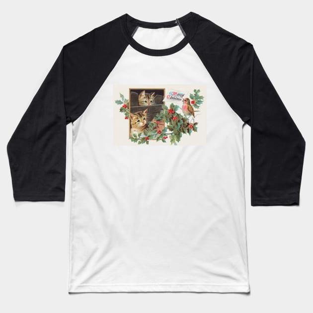 Cute Christmas Kitten Cats Vintage Greeting Card Baseball T-Shirt by softbluehum